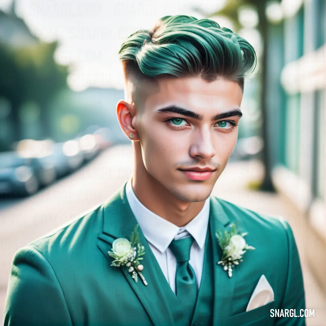 Man with a green suit and flower in his hair is standing on the street with a green suit and tie. Example of #45AF99 color.