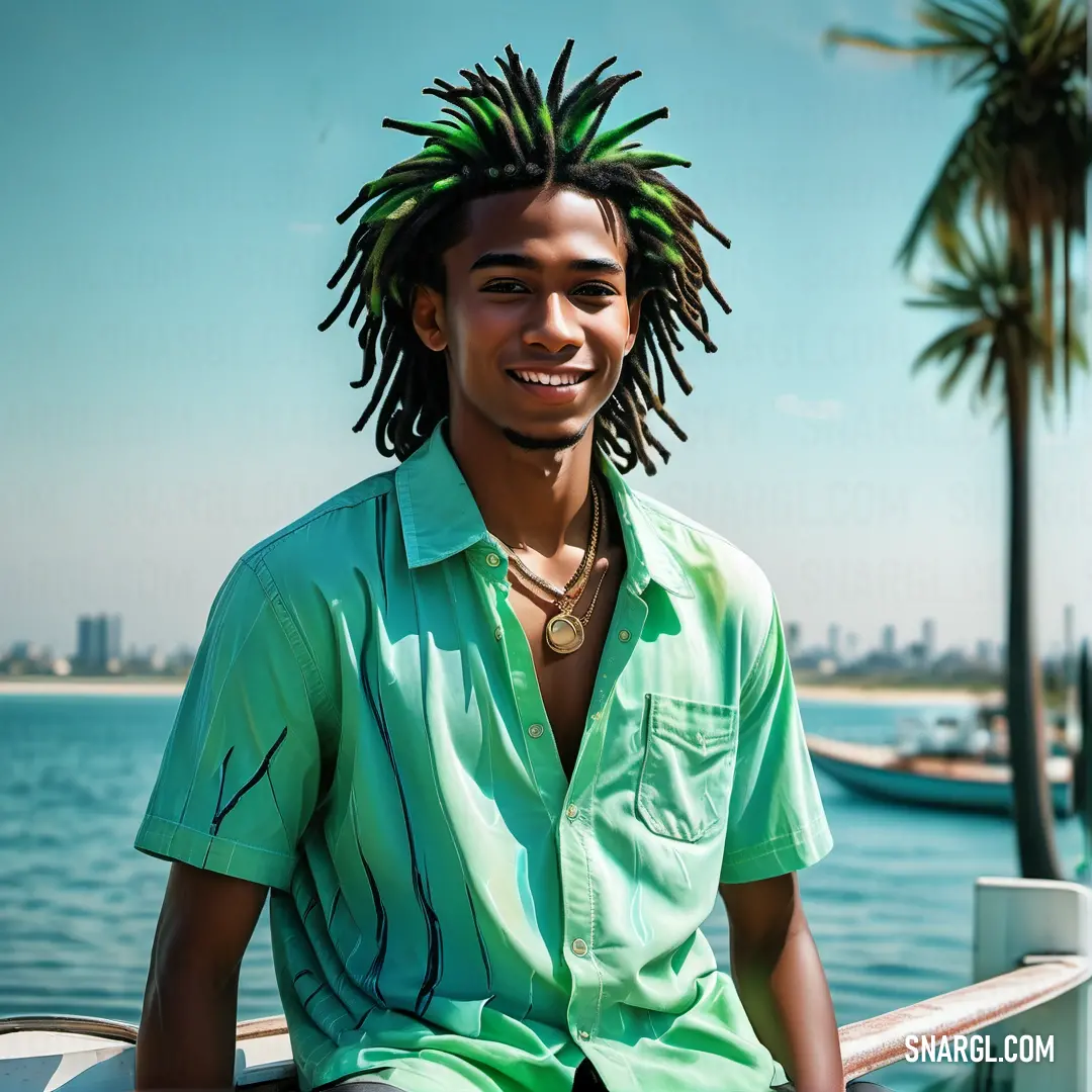 Man with dreadlocks on a boat in the water with a palm tree in the background. Color PANTONE 2240.