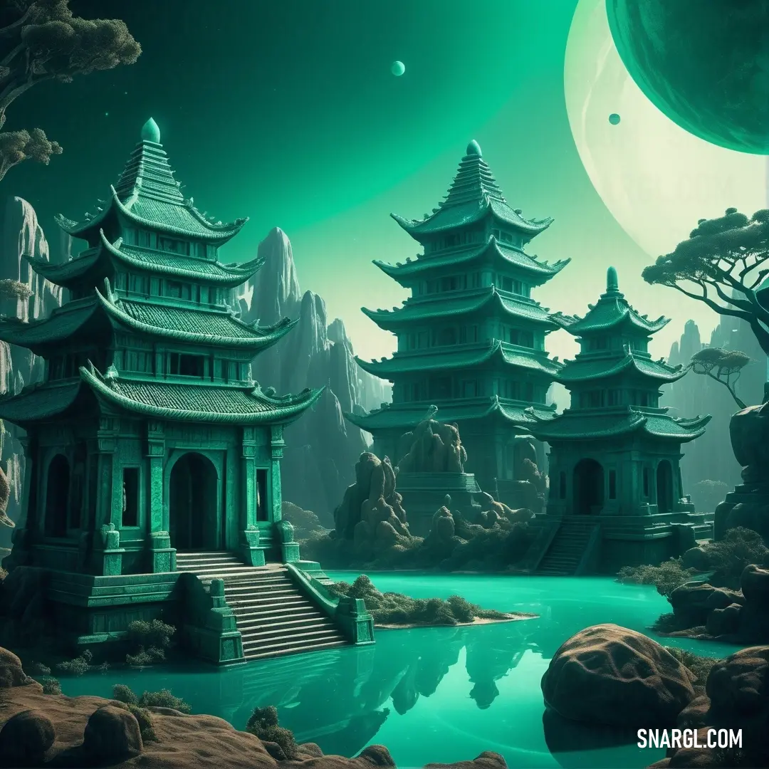 PANTONE 2240 color. Painting of a green landscape with a pond and pagodas in the background and a moon in the sky
