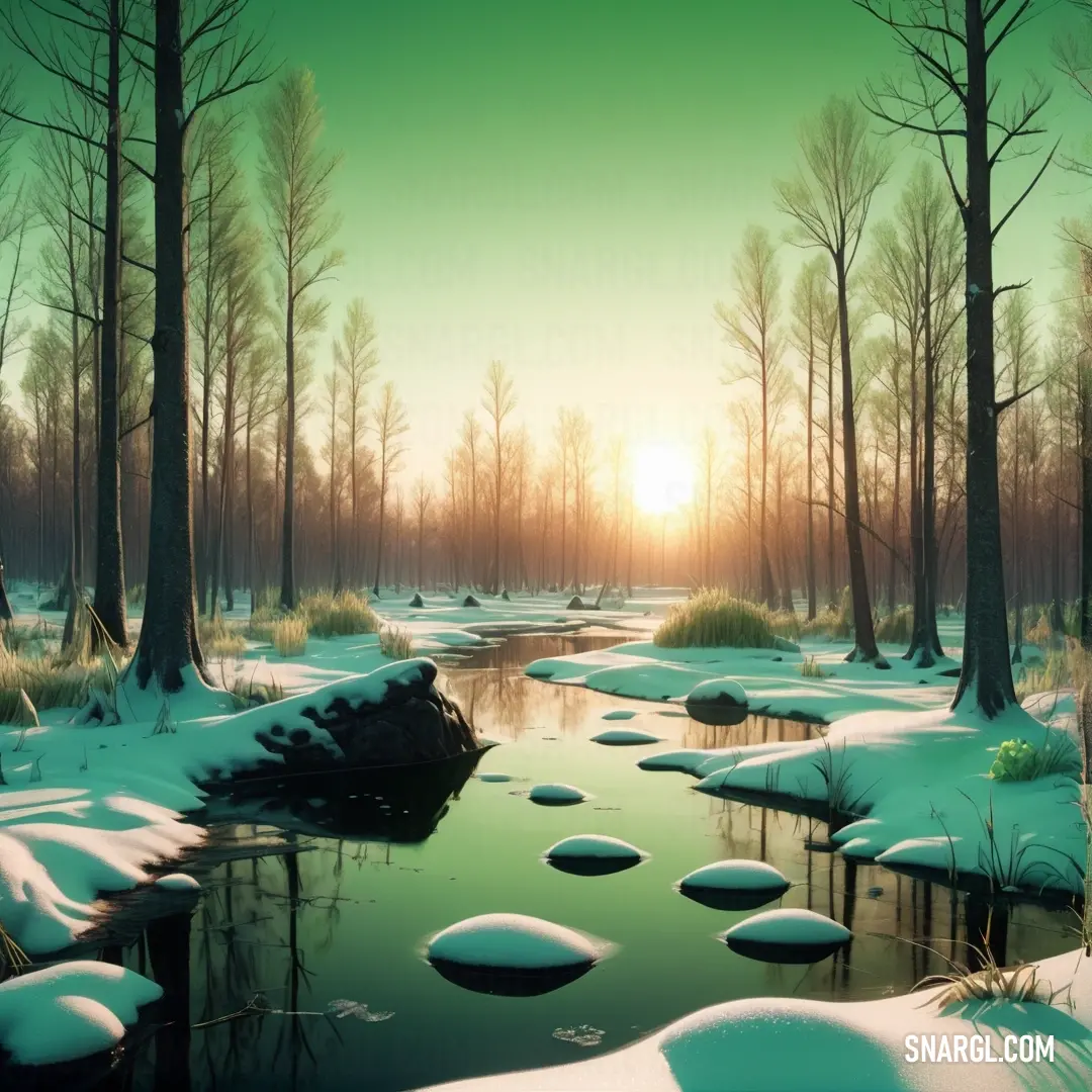 Painting of a snowy river surrounded by trees and snow covered ground with a sun setting in the background. Example of CMYK 74,0,49,0 color.