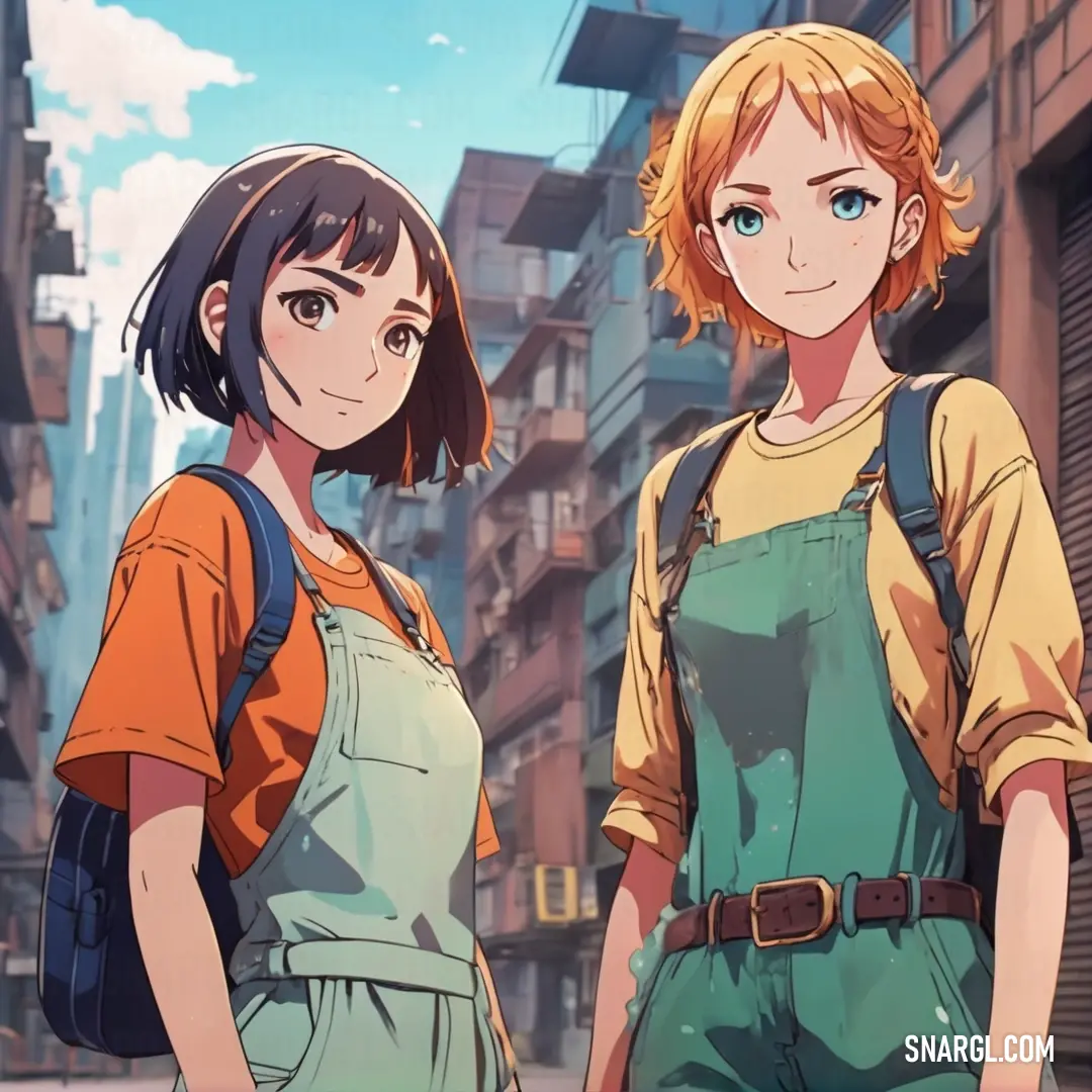 Two anime girls standing in the street with buildings in the background and one girl with a backpack on her shoulder