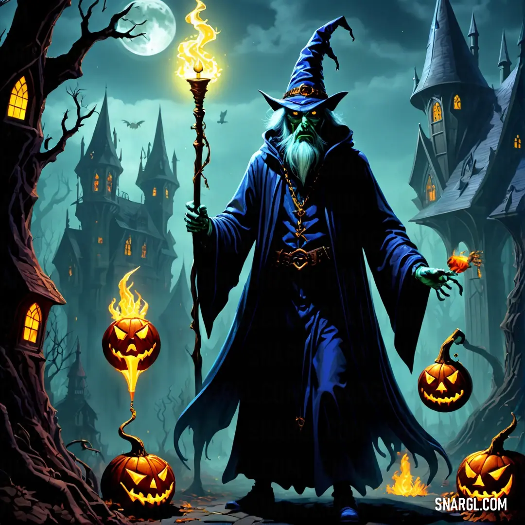 PANTONE 2240 color example: Wizard with a staff and a lantern in his hand in front of a castle with pumpkins and a full moon