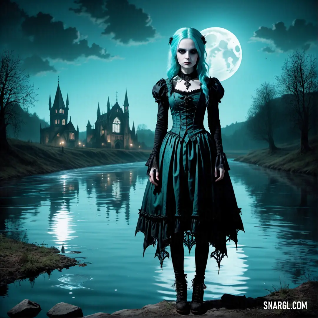 Woman in a green dress standing in front of a lake with a castle in the background at night. Color PANTONE 2240.