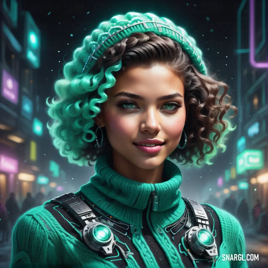 Woman with green hair and a green sweater on a city street at night with neon lights and a green headband. Example of RGB 69,175,153 color.