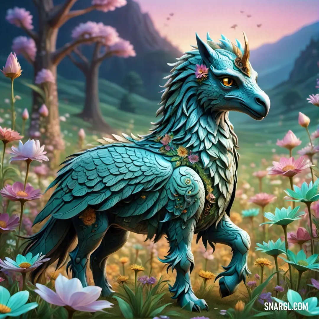 Blue dragon statue standing in a field of flowers and flowers with a mountain in the background. Example of RGB 79,160,141 color.