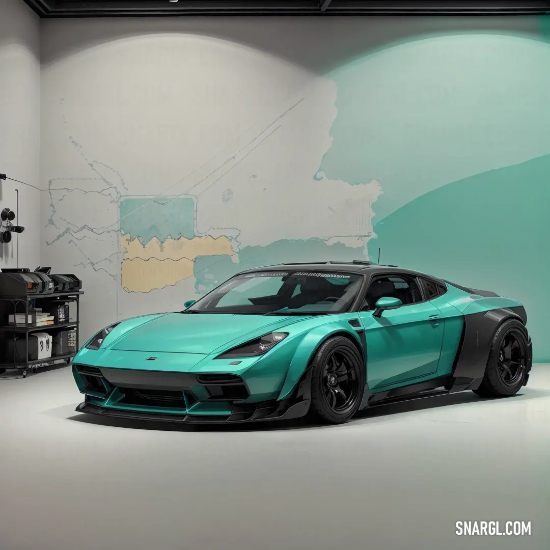 Blue sports car parked in a room with a map on the wall behind it and a camera on the floor. Color #4FA08D.