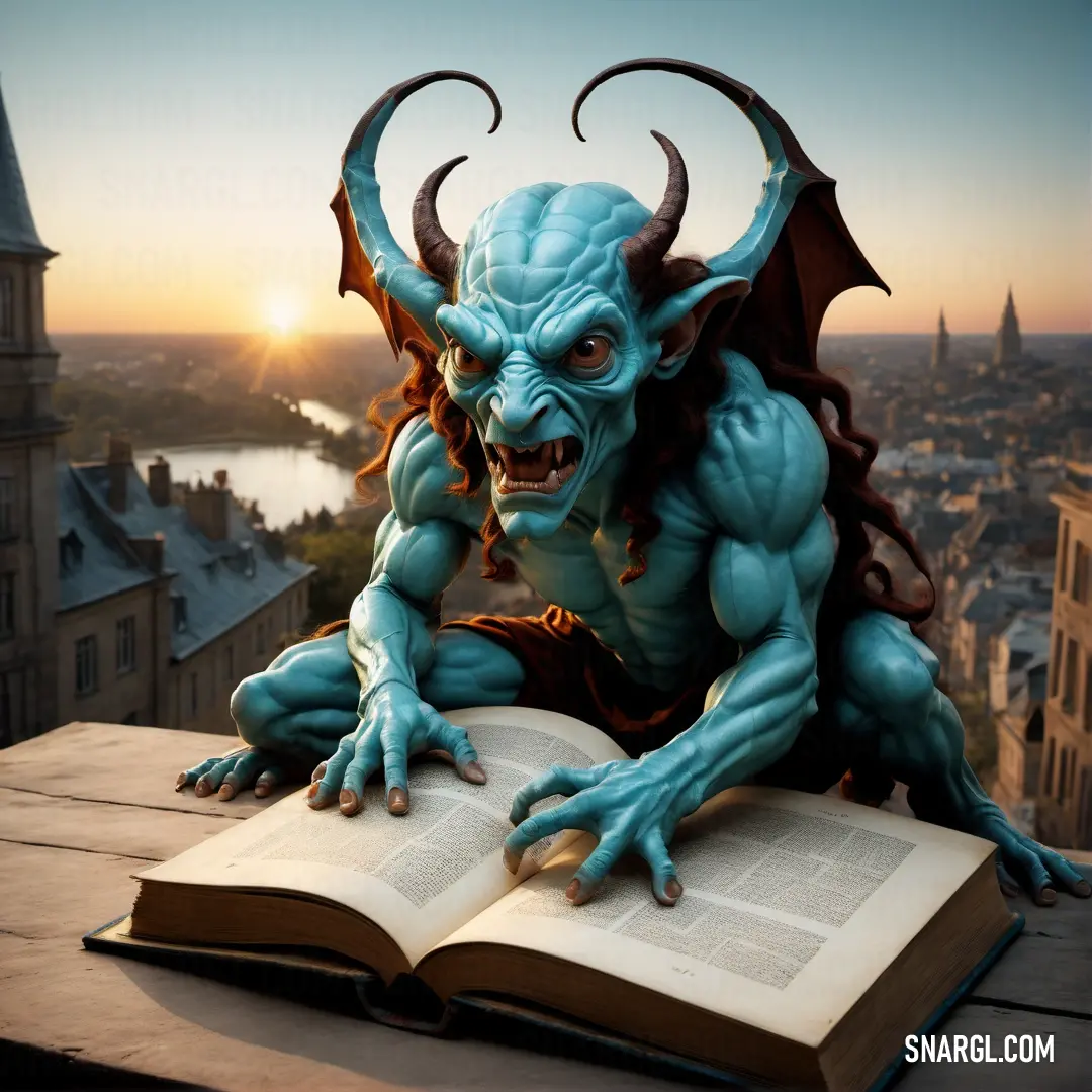 Book with a demon on it on a table with a view of a city and a river. Color PANTONE 2241.