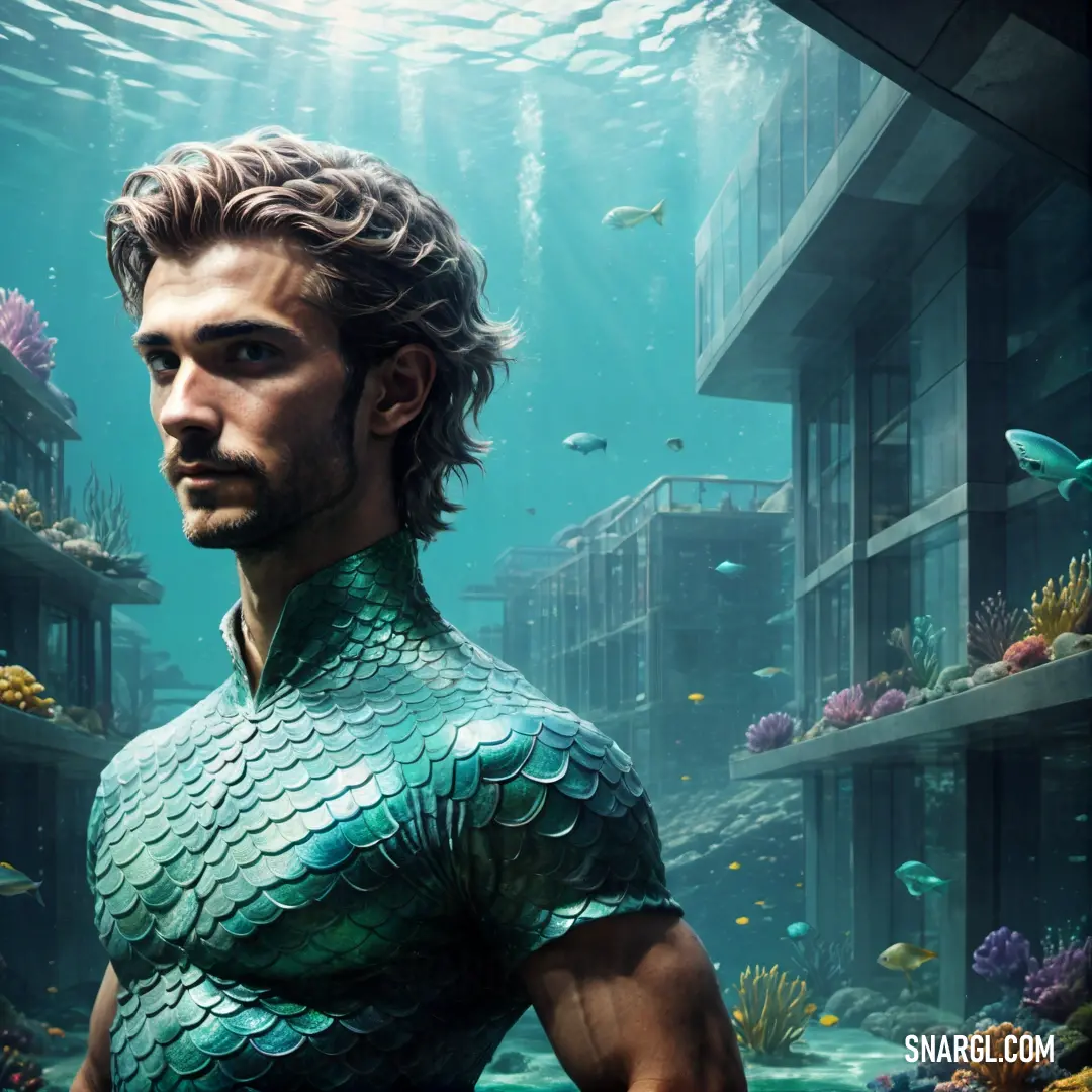 Man in a green suit standing in front of a fish tank with a fish in it's mouth. Color #4FA08D.
