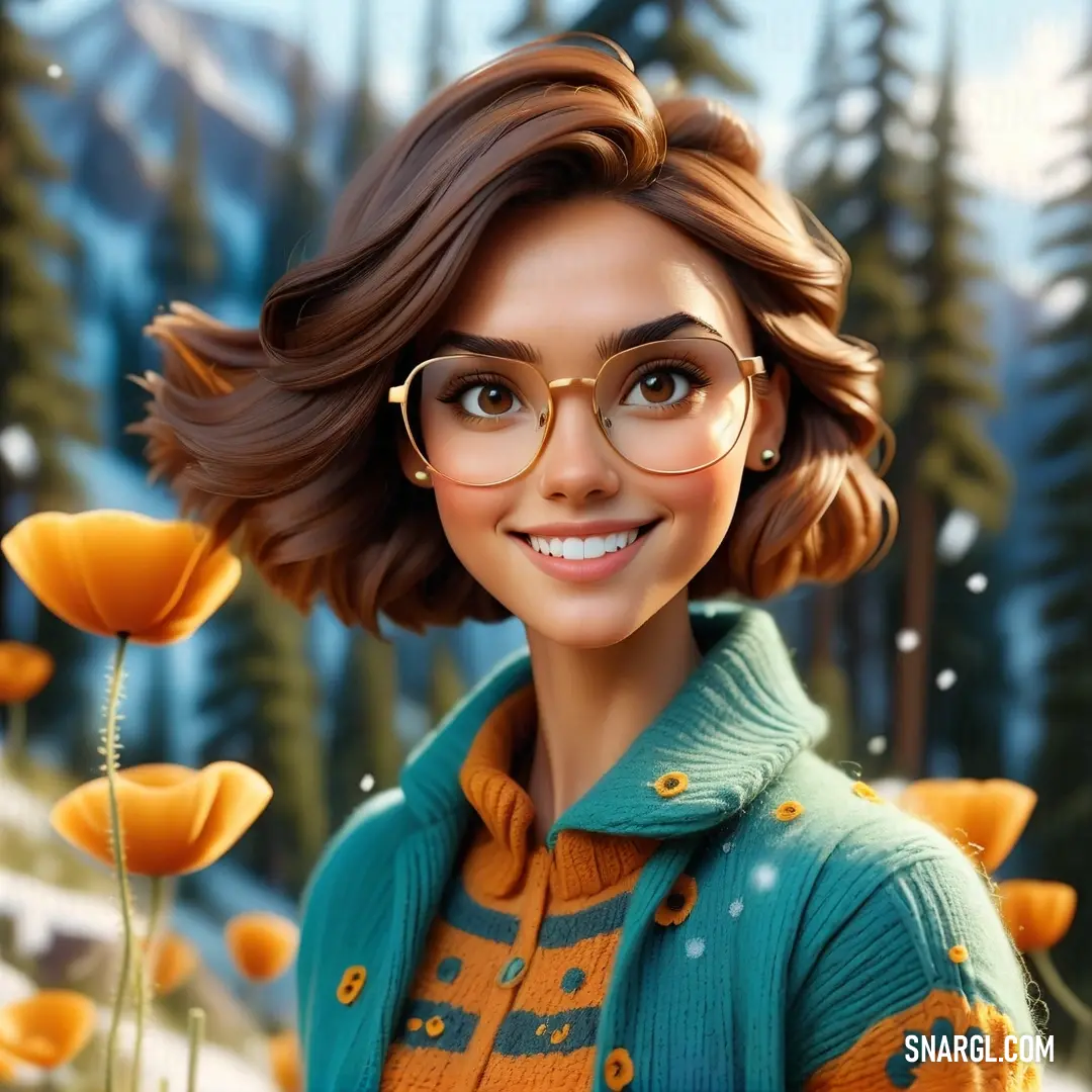 PANTONE 2241 color example: Woman with glasses and a green sweater in a field of flowers with a mountain in the background