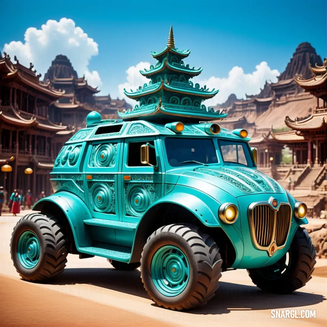 Blue vehicle with a pagoda on top of it's roof in a cartoon style scene with a sky background. Color RGB 0,155,113.