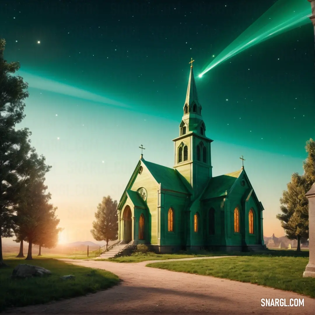 Church with a green steeple and a green light shining on it's side and a tree lined path leading to it. Example of #009B71 color.
