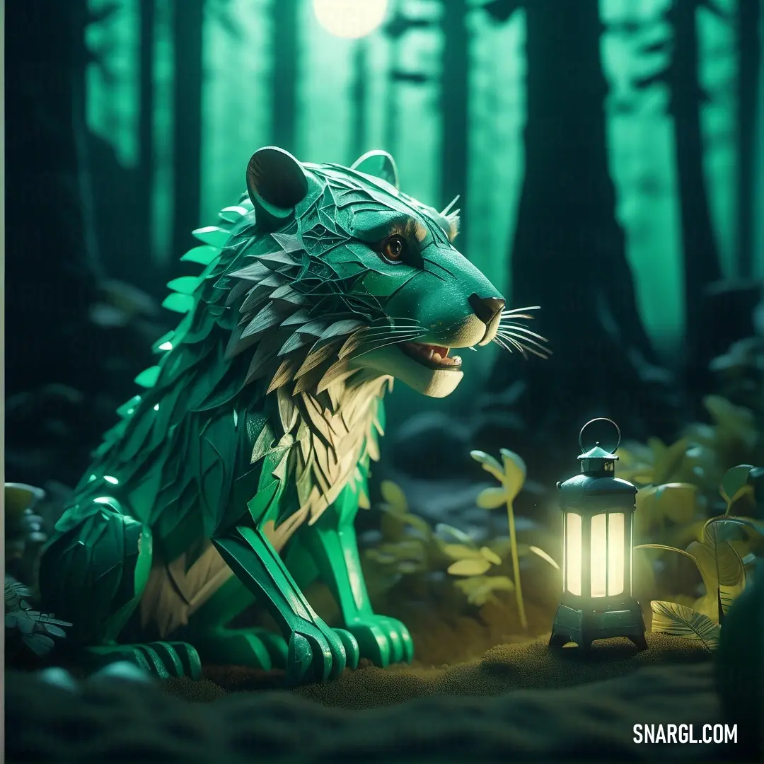 PANTONE 2242 color example: Green paper cut out of a tiger in the woods next to a lantern with a glowing light on it