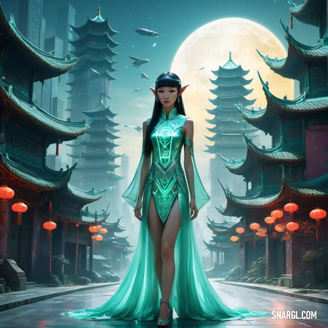 Woman in a green dress standing in front of a full moon with a full moon behind her and a full moon behind her