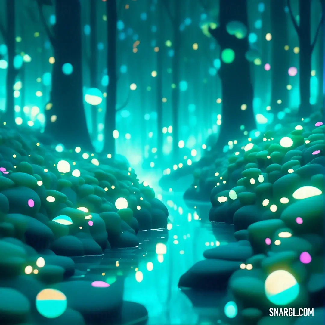 Group of rocks in the middle of a forest filled with lights and water droplets on the ground. Color PANTONE 2243.