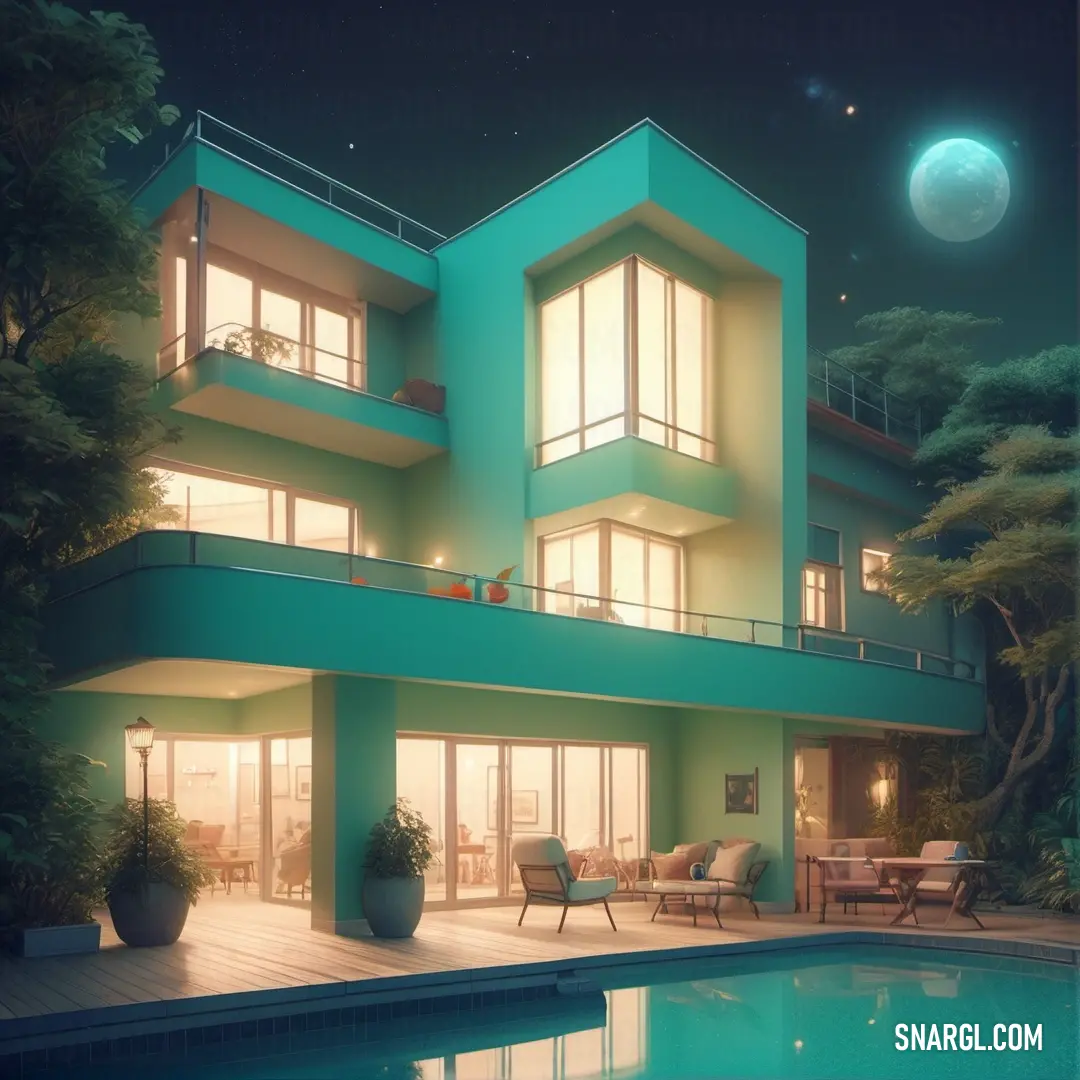 Large green house with a pool in front of it at night time with a full moon in the sky. Example of PANTONE 2243 color.