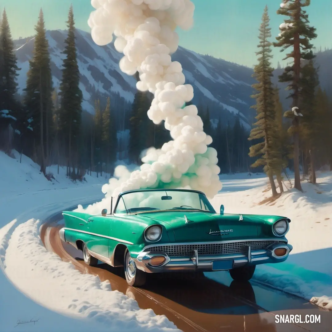 PANTONE 2243 color. Painting of a car driving down a snowy road with a cloud of smoke coming out of the top