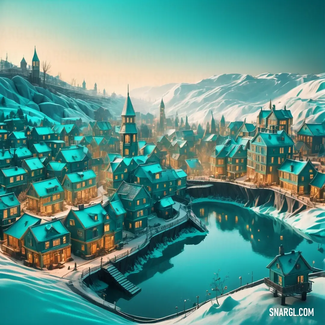 Painting of a snowy town with a lake and a bridge in the foreground and a mountain in the background. Color #009376.