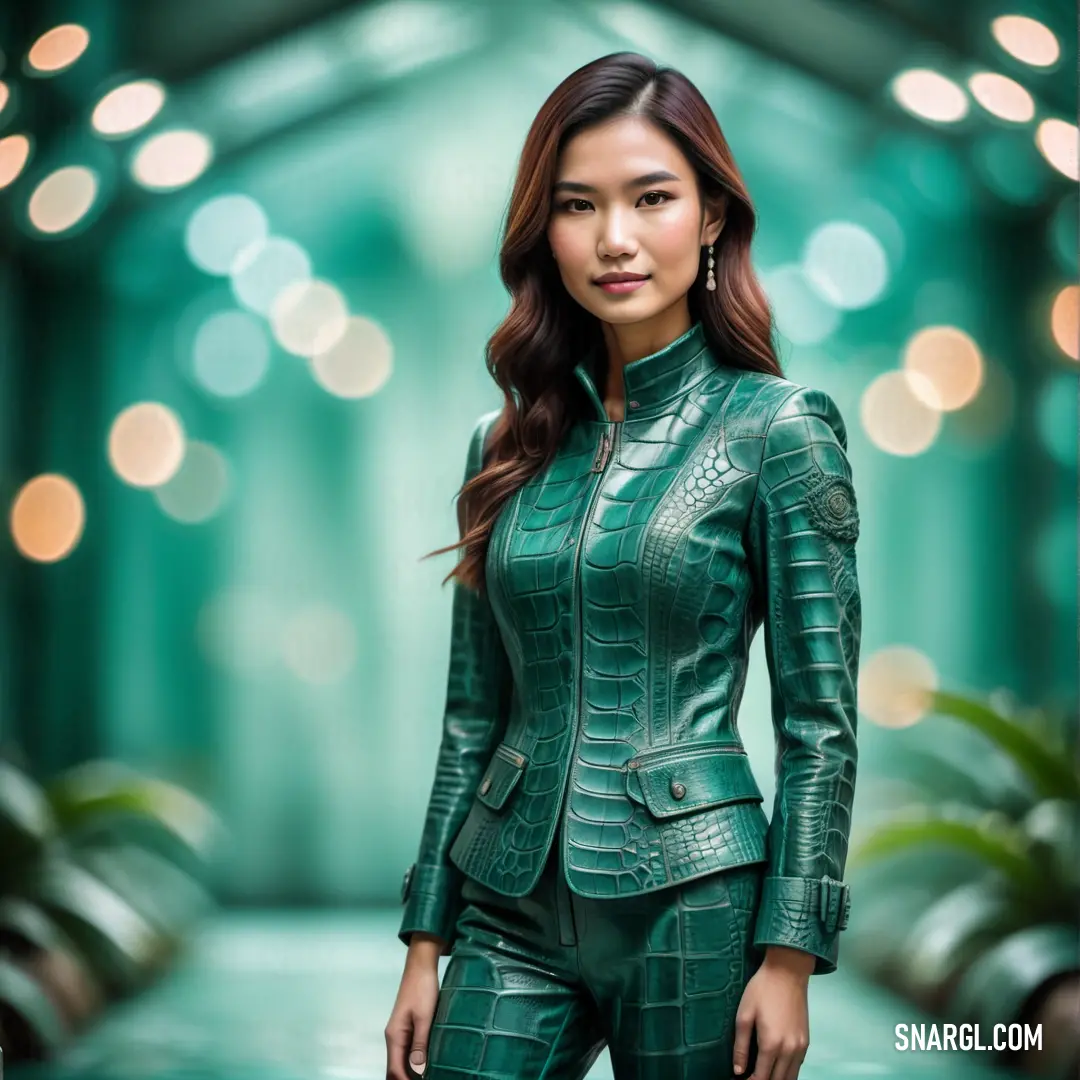 Woman in a green suit standing in a hallway with lights in the background. Color CMYK 90,5,63,6.