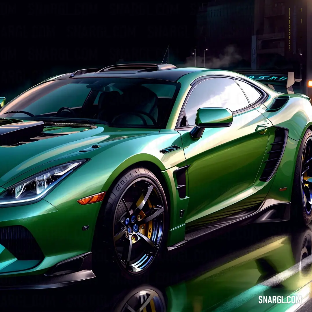 RGB 34,126,101 example: Green sports car driving down a city street at night with a bright light on the side of it
