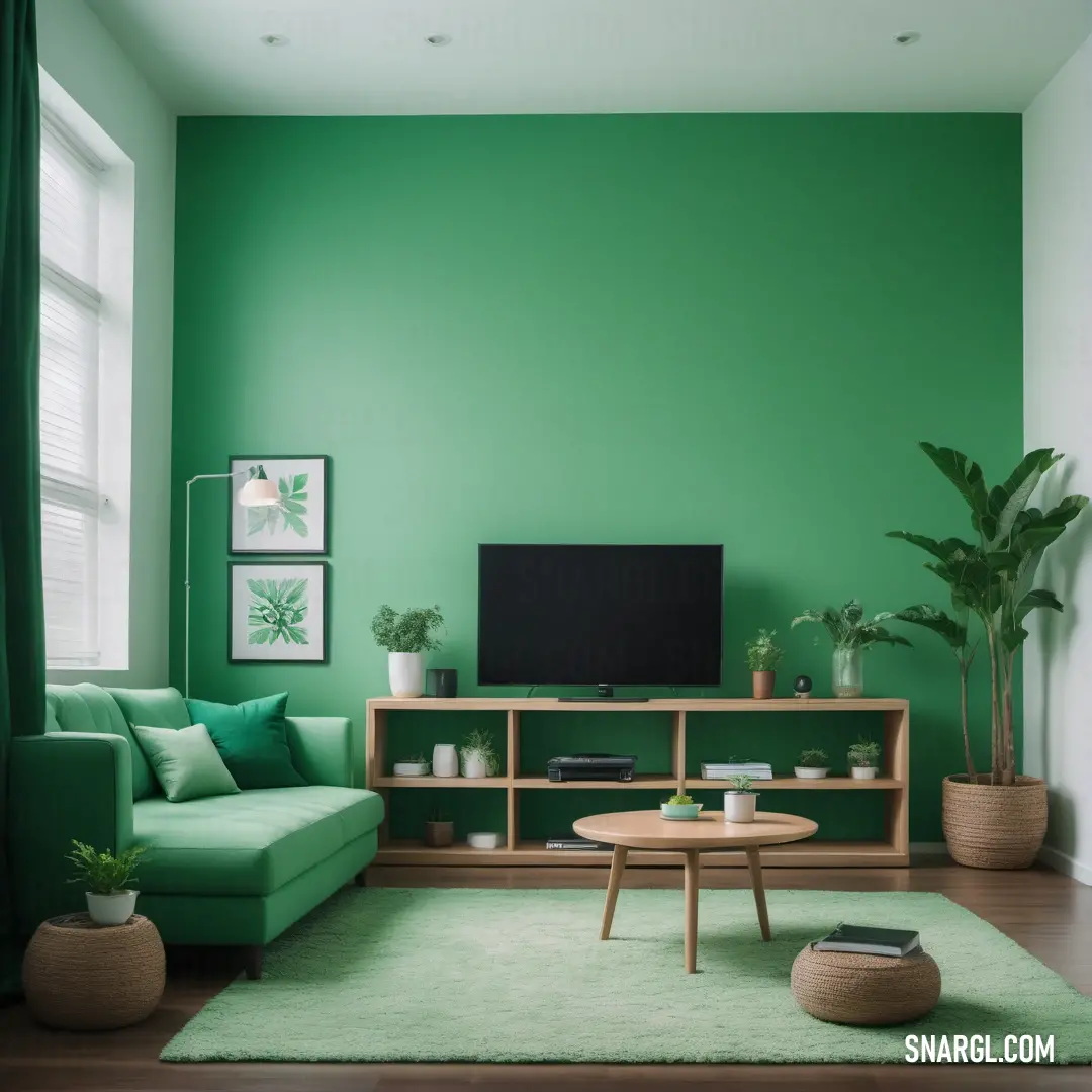 Living room with a green couch and a green rug on the floor and a television on a stand. Color RGB 34,126,101.