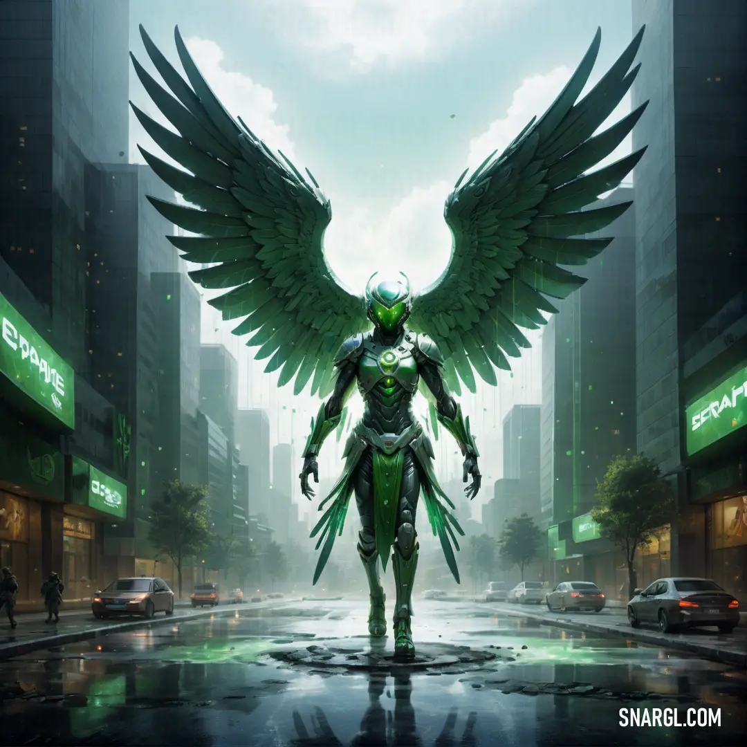 Man with wings standing in the middle of a street in a city with tall buildings and cars on the street. Example of RGB 34,126,101 color.