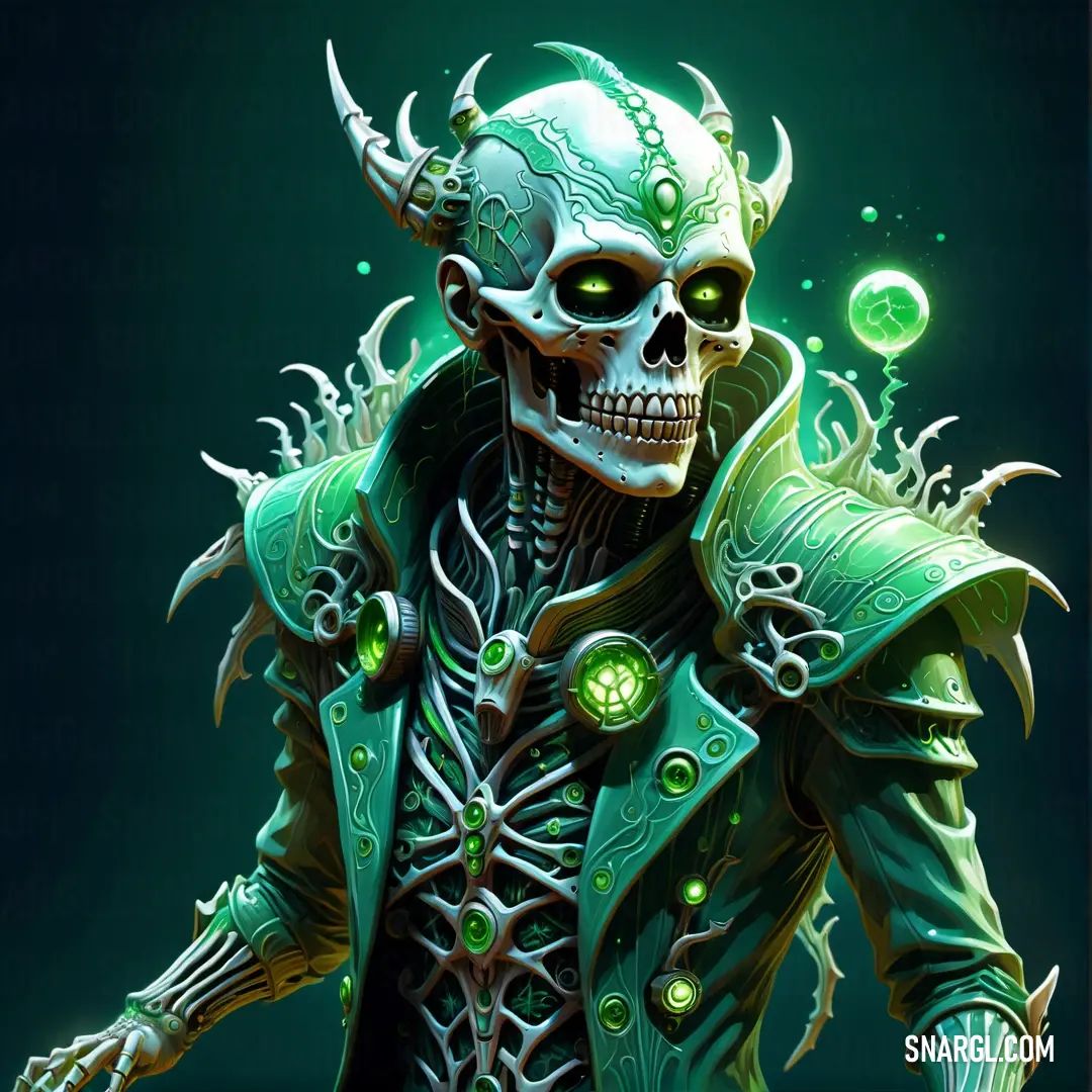 Skeleton with green eyes and a green coat on holding a sword and a green light in his hand. Example of #227E65 color.