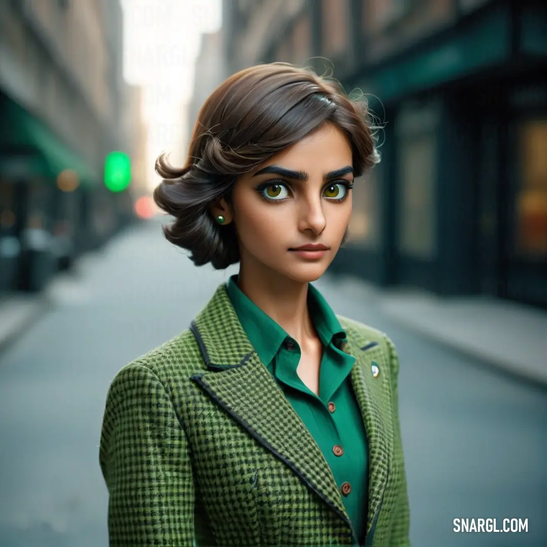 Woman with green eyes and a green jacket on a city street with buildings in the background and a green traffic light