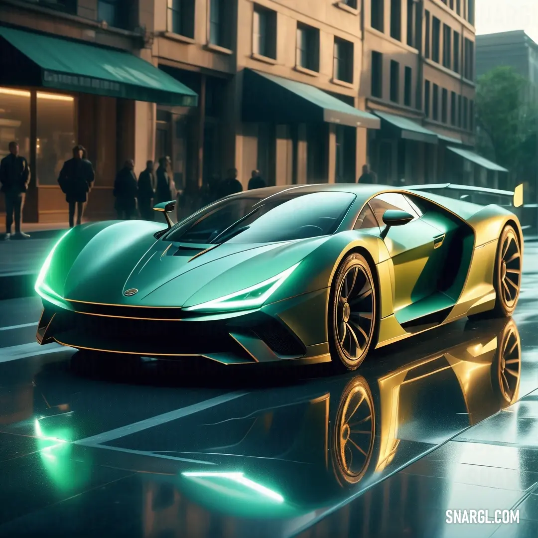 Green sports car is parked on a wet street in the city at night time. Example of RGB 0,126,81 color.