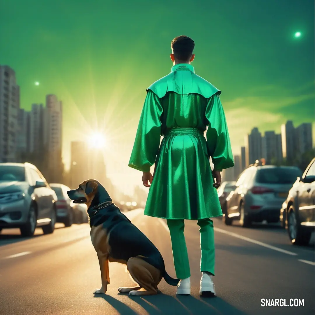 PANTONE 2245 color. Man in a green coat and a dog on a leash are standing on the side of the road