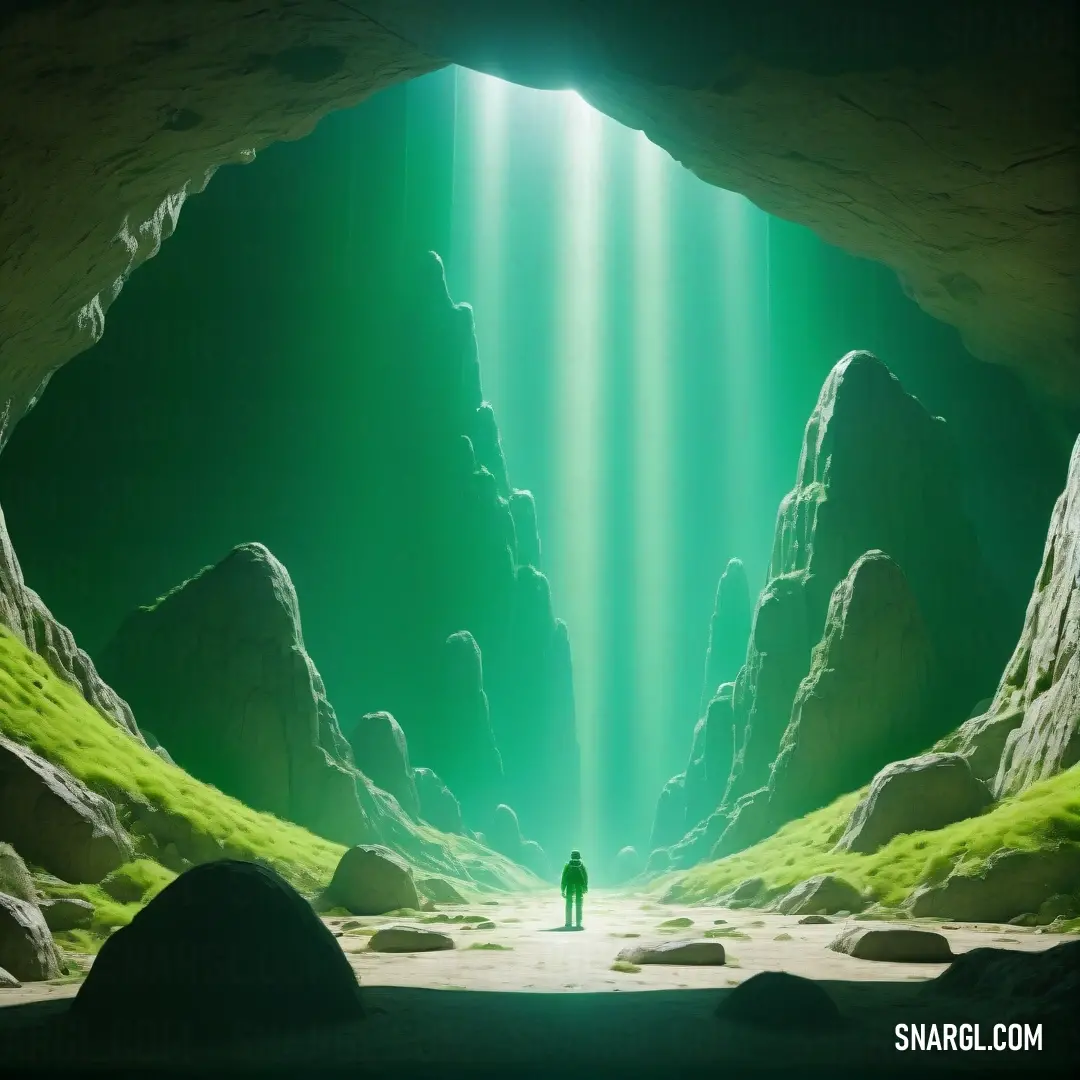 Man standing in a cave with a bright light coming from the entrance to it