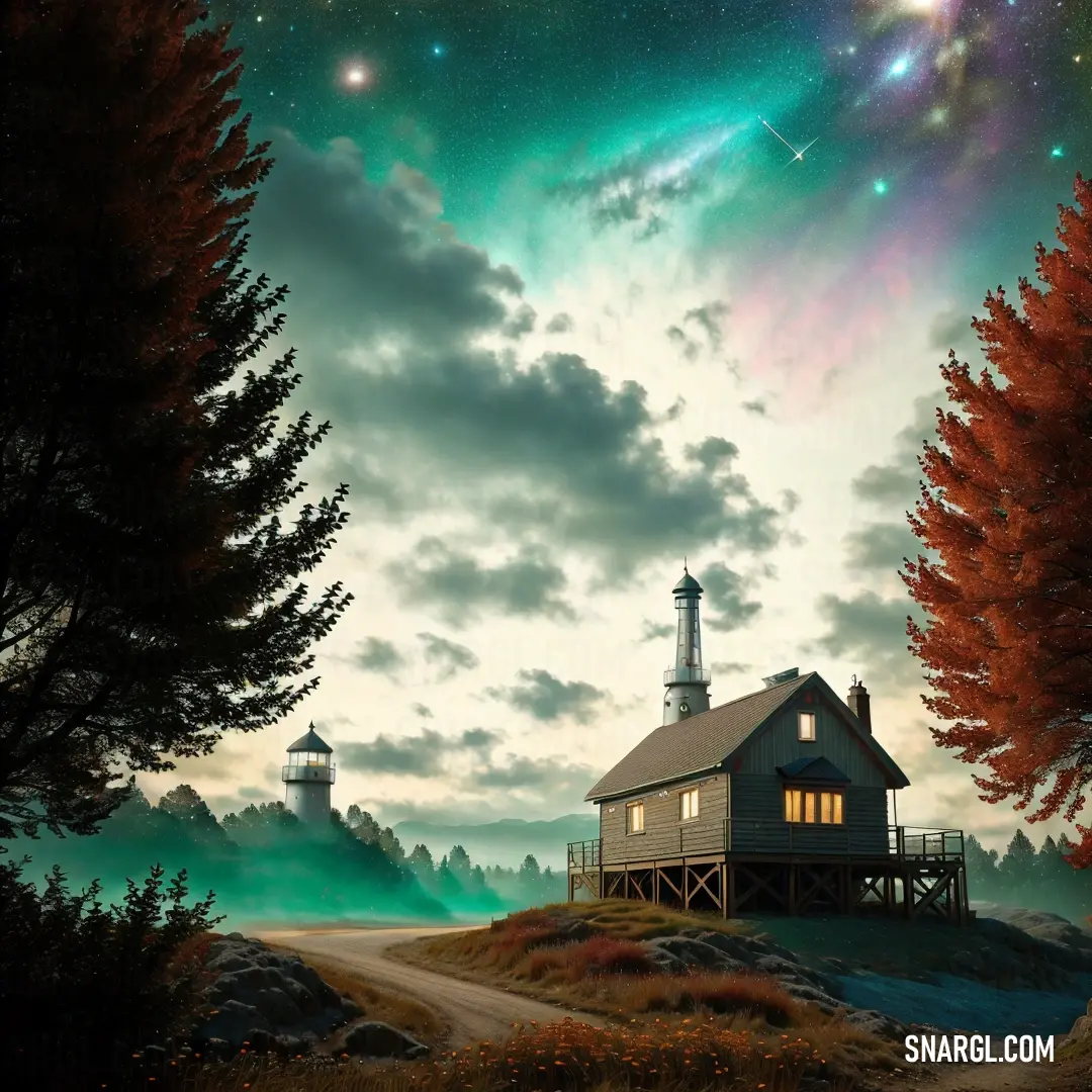Painting of a house on a hill with a lighthouse in the background and a green sky with stars. Example of PANTONE 2245 color.