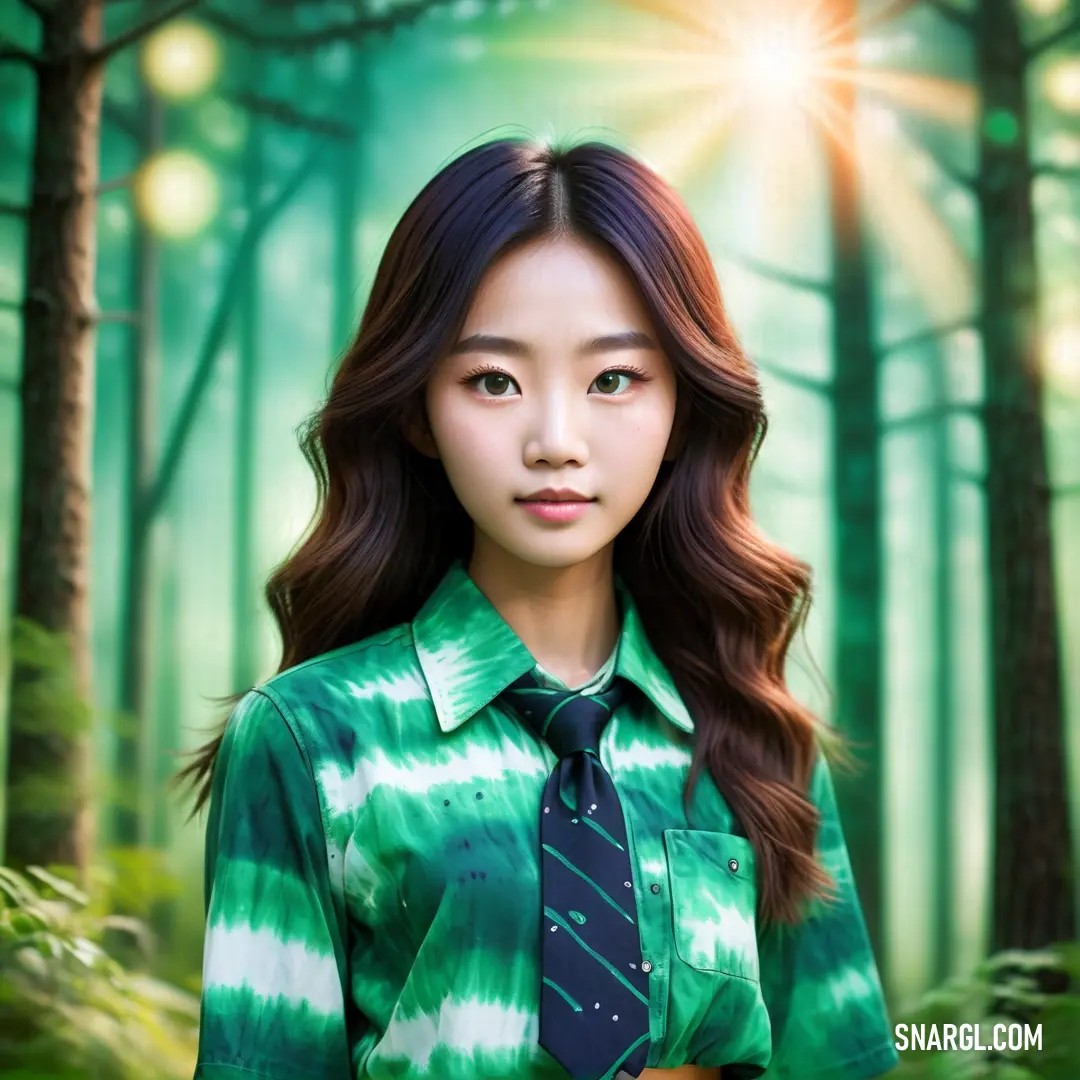 Woman in a tie standing in a forest with a green background and a bright light shining through the trees. Example of PANTONE 2245 color.