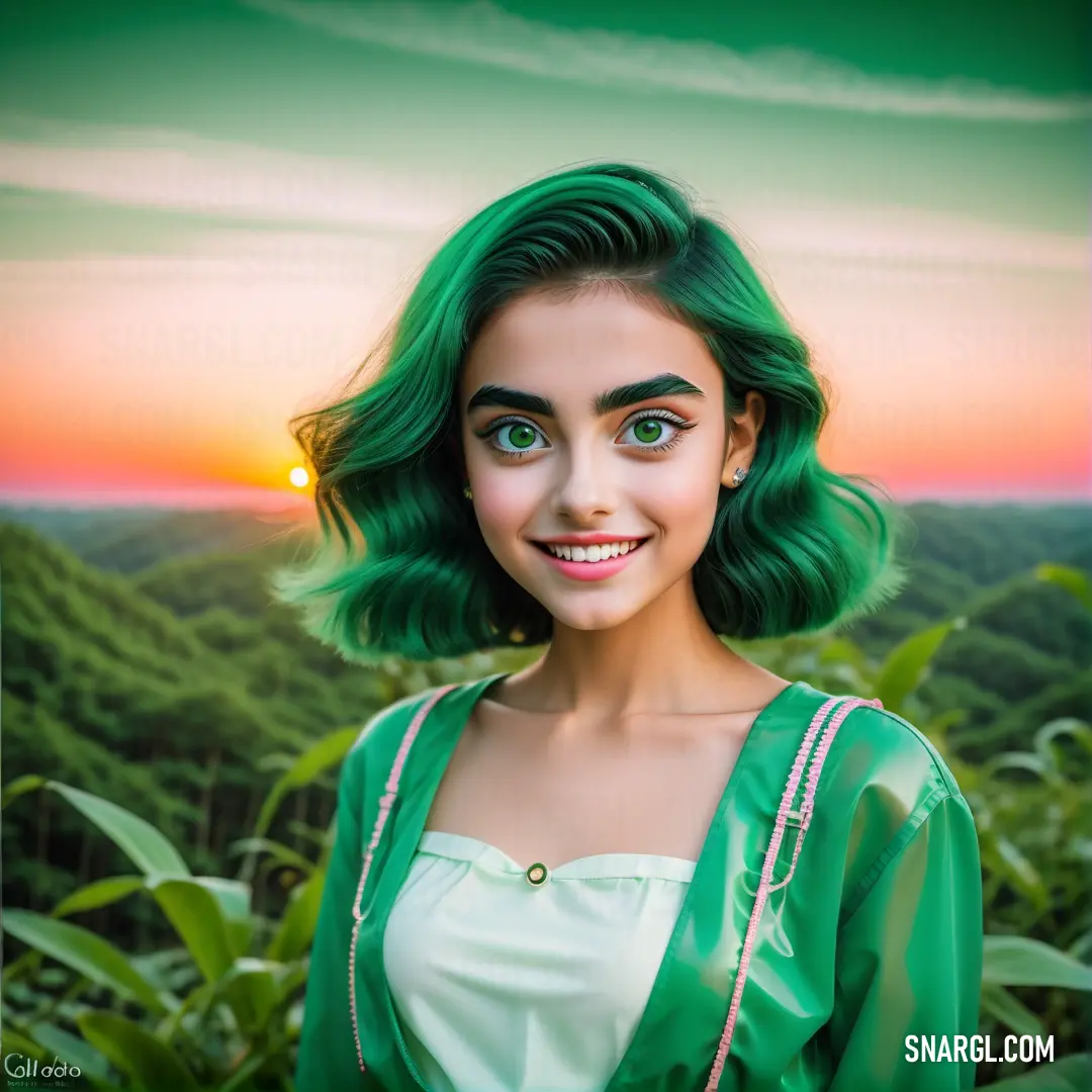 Woman with green hair and a green jacket on is smiling at the camera with a sunset in the background. Color PANTONE 2245.