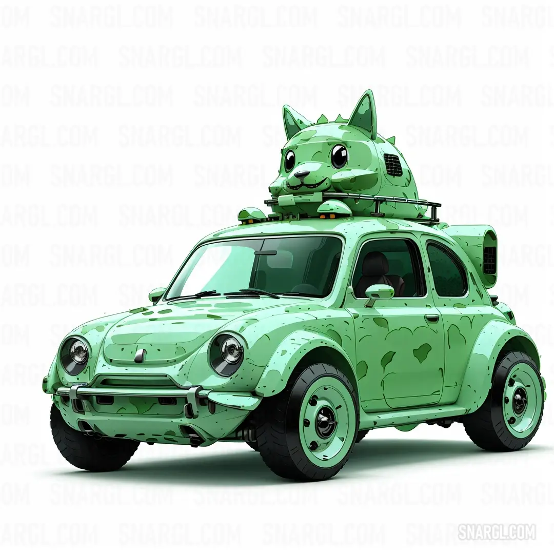 Green car with a cat on top of it's roof rack and a cat on top of it's roof rack. Color PANTONE 2247.