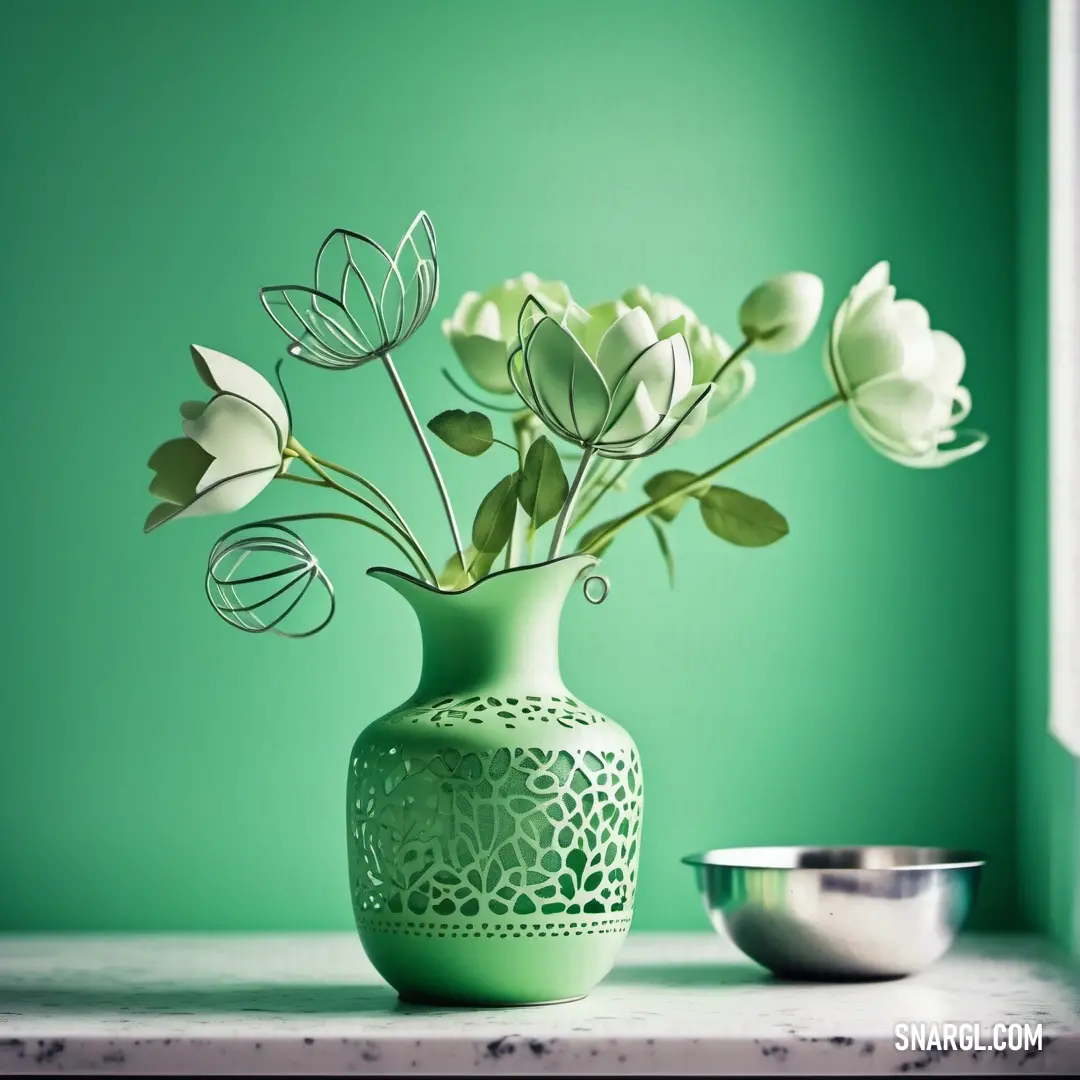 PANTONE 2247 color example: Green vase with flowers in it next to a bowl on a table with a green background