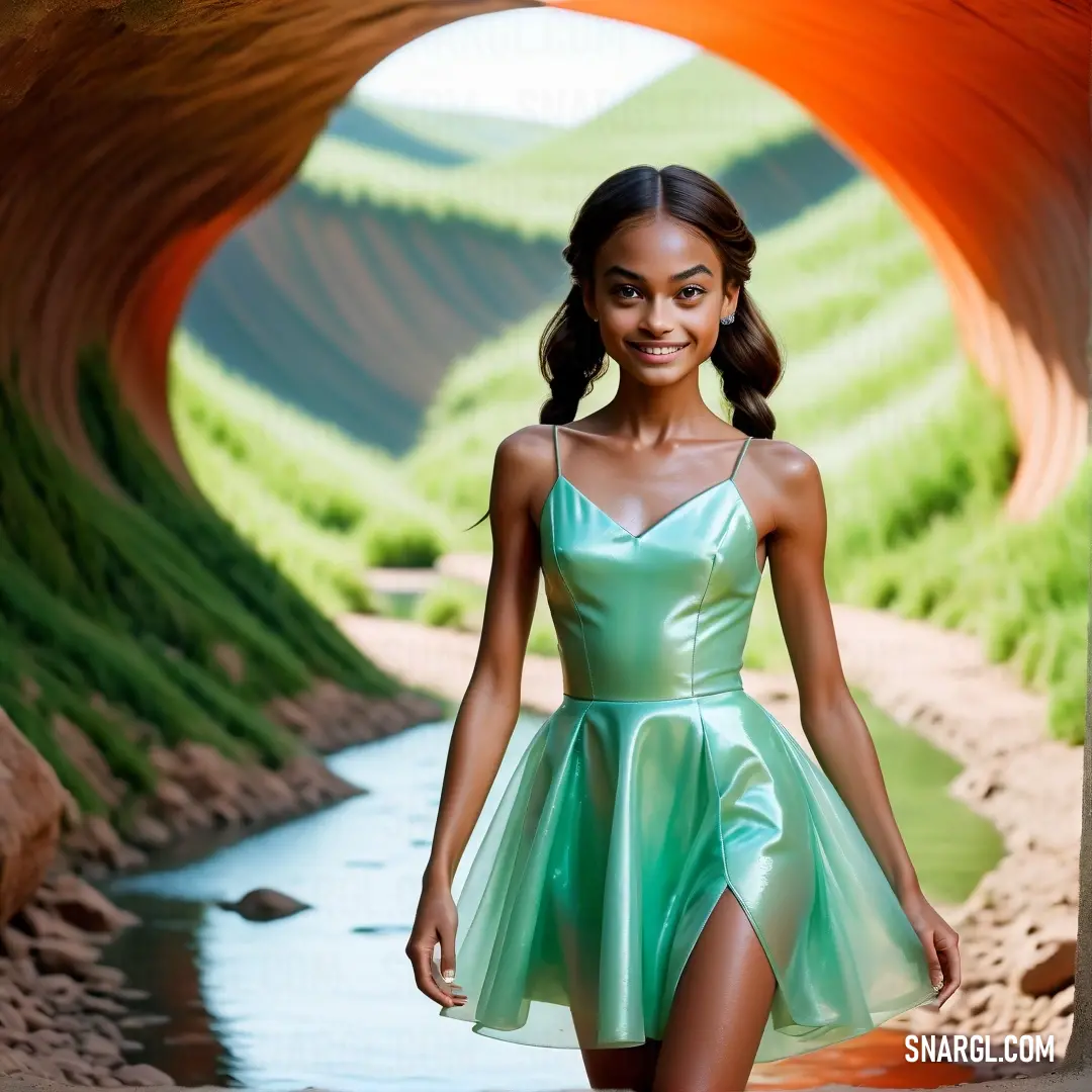 Woman in a green dress walking down a path in a tunnel with a river running through it and hills in the background
