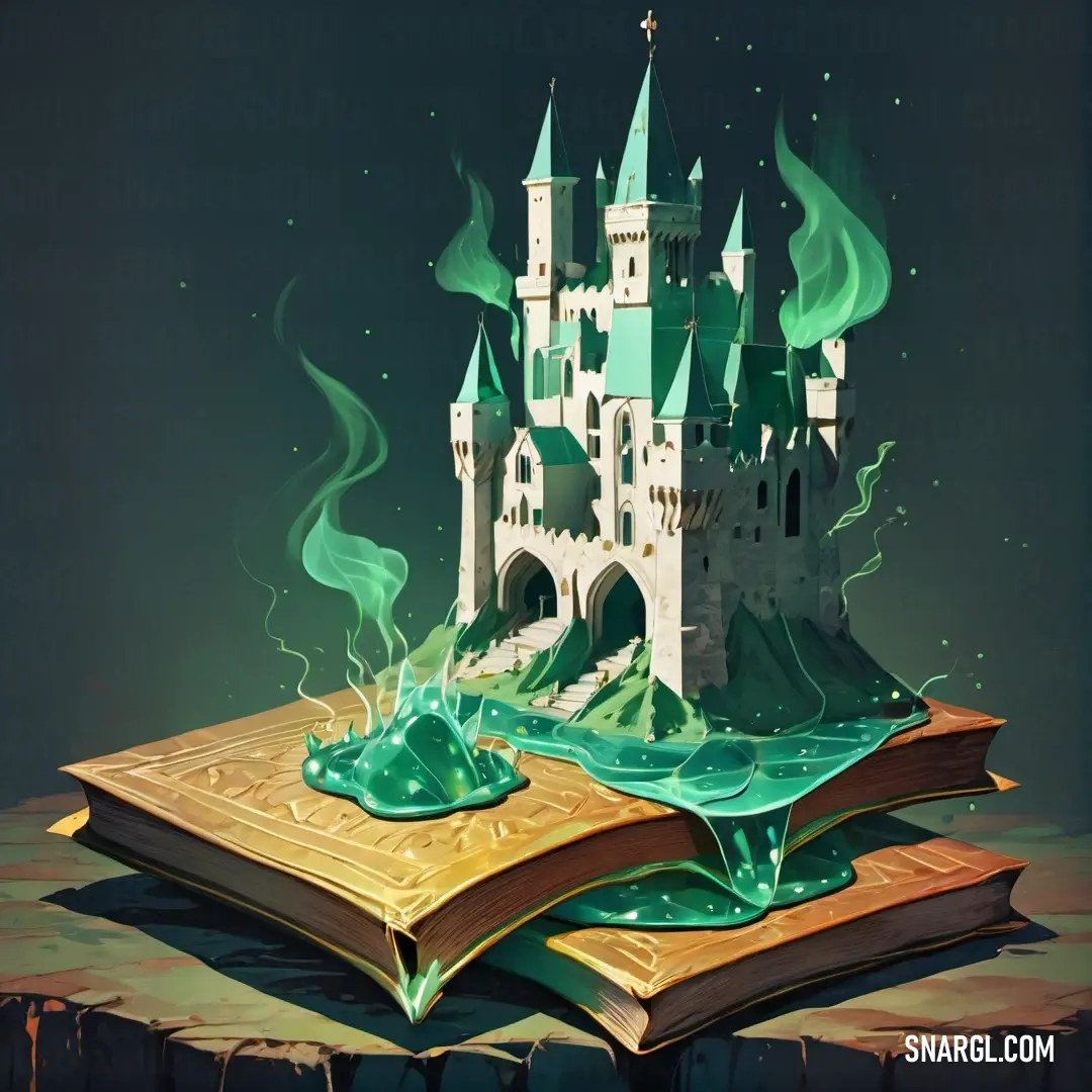 Book with a castle on top of it and a green flame coming out of it's pages. Color RGB 105,180,141.