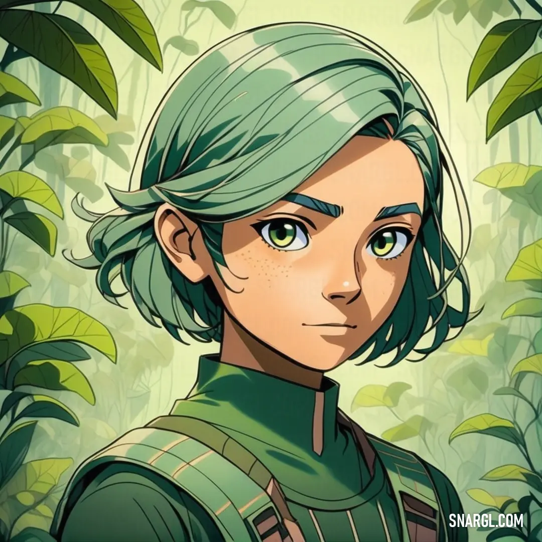 Cartoon of a woman with green hair and a green suit in a jungle setting with plants and leaves. Color #69B48D.