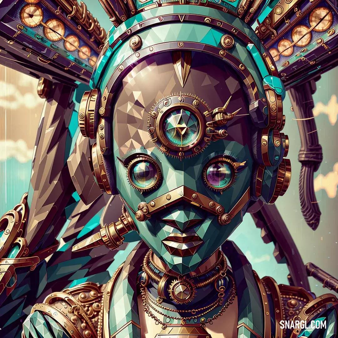 Digital painting of a woman with a clock on her face and a futuristic headpiece on her face. Example of RGB 105,180,141 color.