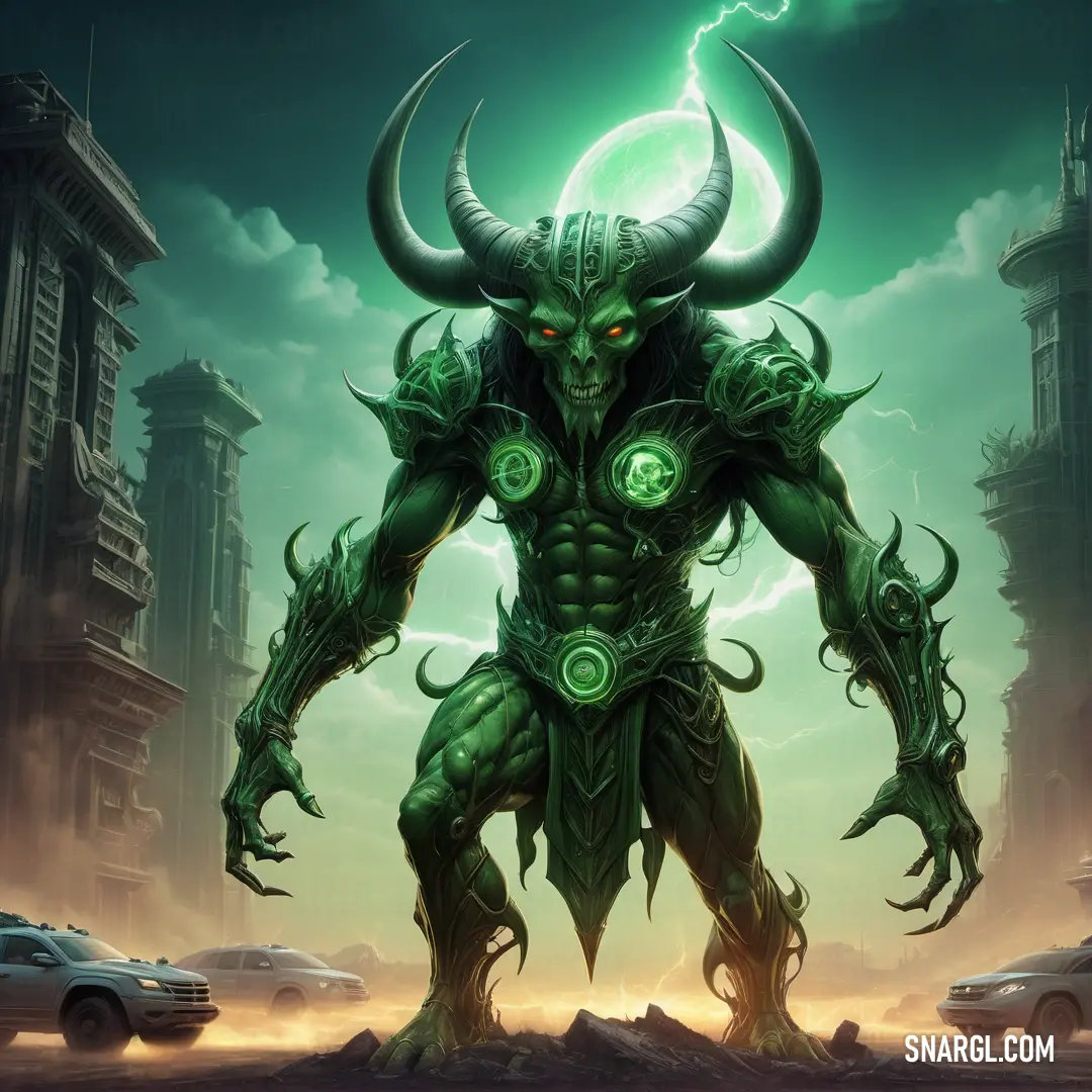 PANTONE 2248 color. Green demon with horns and glowing eyes standing in a desert area with a city in the background
