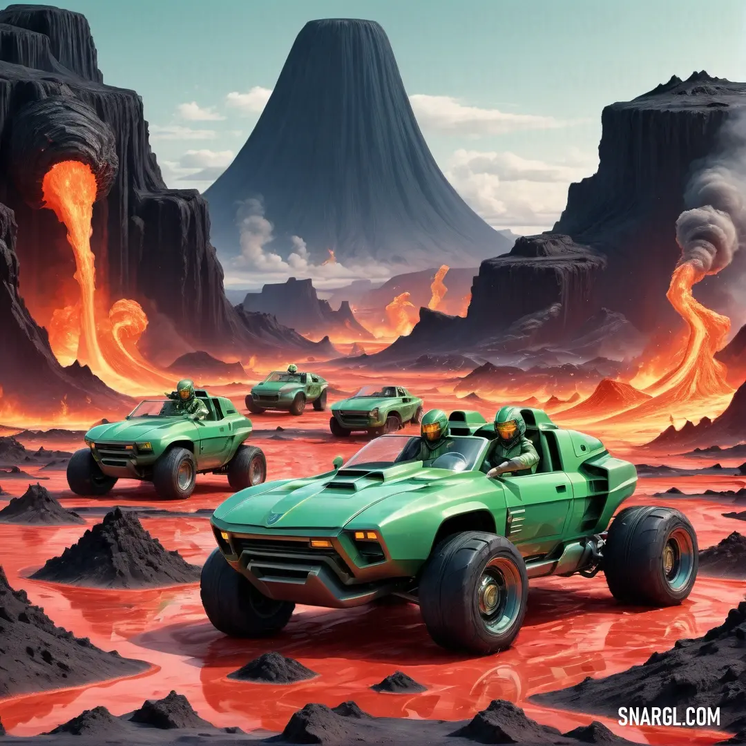 Group of four green vehicles driving through a desert landscape with lava and volcanos in the background. Example of PANTONE 2248 color.