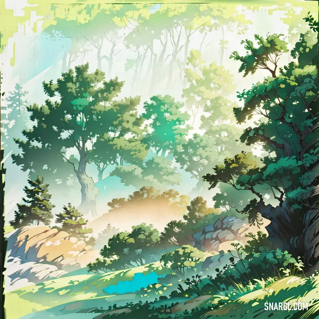 Painting of a forest with trees and grass on the ground and a stream running through the woods on the right. Color PANTONE 2248.