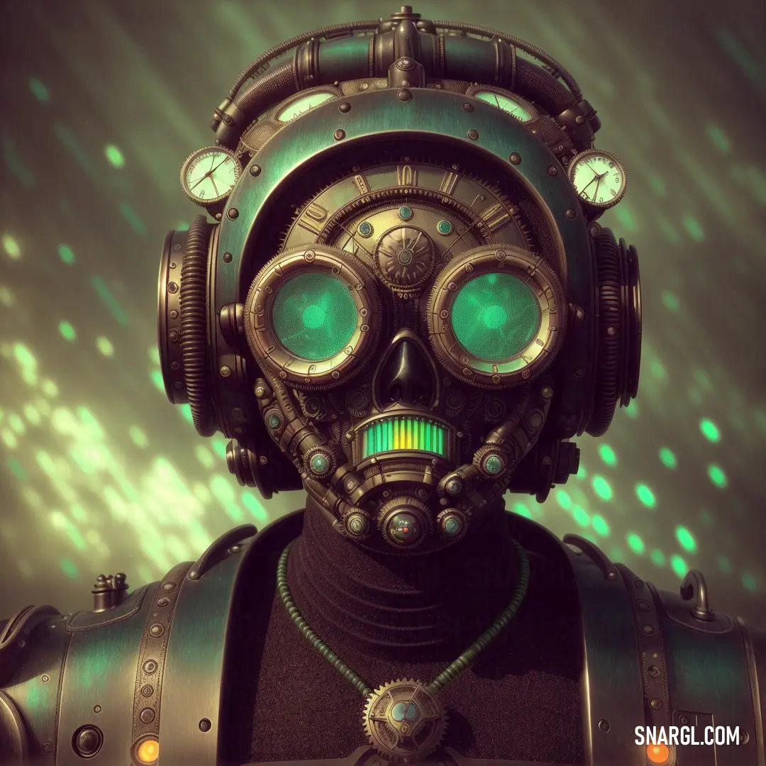 Robot with green eyes and a green light on his face is standing in front of a green background. Color RGB 105,180,141.