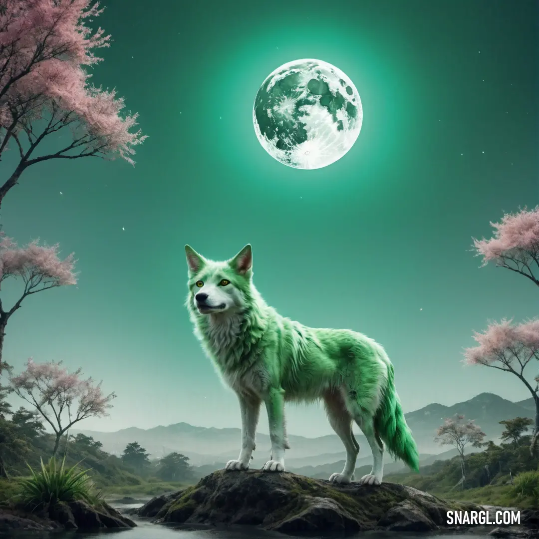 Wolf standing on a rock in front of a full moon and a lake with trees in the background. Color RGB 105,180,141.