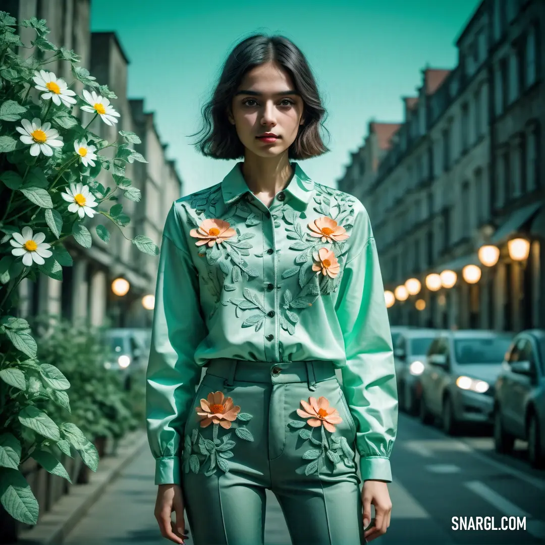 Woman standing on a street with a green shirt and green pants with flowers on them and a green background. Color #69B48D.