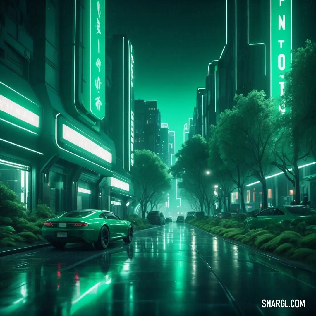Car driving down a street next to tall buildings at night with neon lights on the buildings and trees. Example of RGB 57,165,120 color.