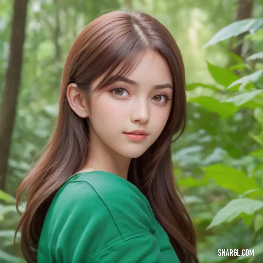 Girl with long hair standing in the woods with green leaves behind her and a green shirt on her shoulders. Example of CMYK 73,0,62,0 color.