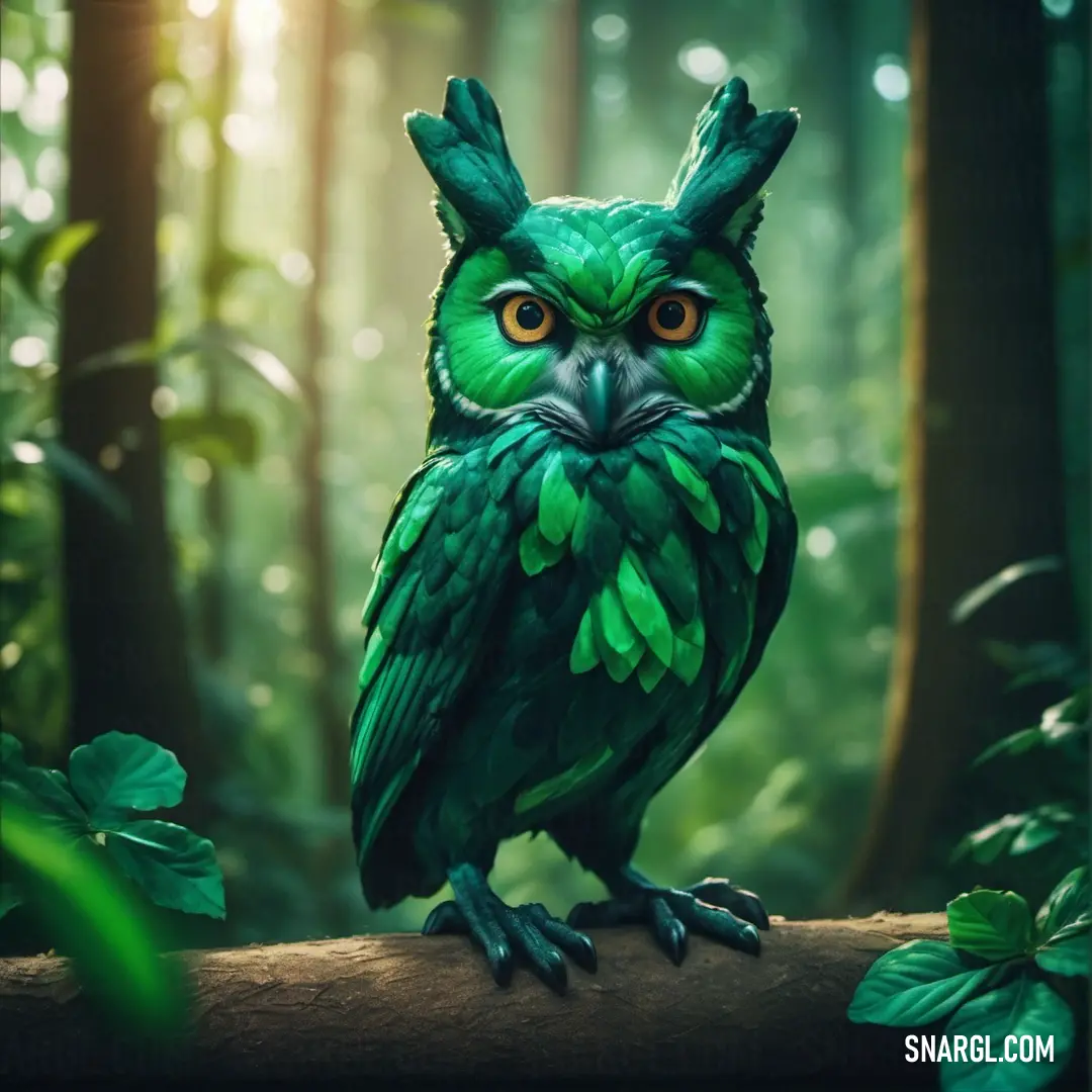 Green owl on a branch in a forest with green leaves and trees in the background. Color #39A578.