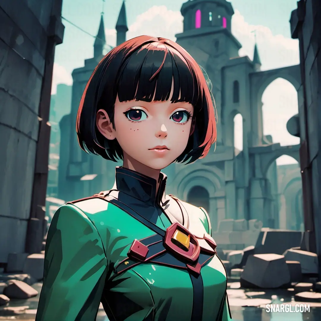 Woman in a green outfit standing in front of a castle with a clock tower in the background. Example of #39A578 color.