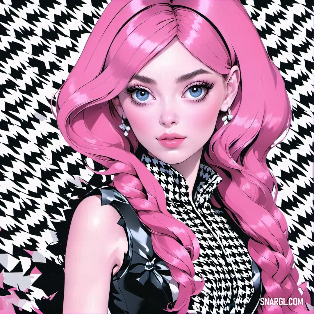 Digital painting of a girl with pink hair and blue eyes wearing a black and white dress